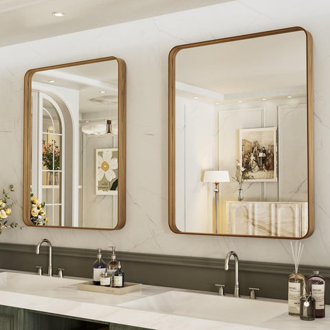 LOAAO 20X30 Inch Bathroom Mirror with Wood Grain Colored Metal Frame