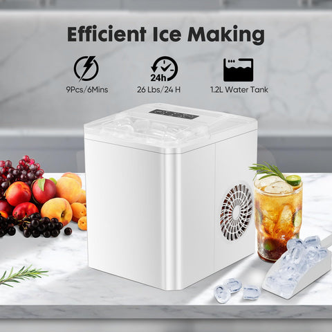 Sweetcrispy Countertop Ice Maker, Portable Ice Machine Self-Cleaning, 9 Cubes in 6 Mins, 26 lbs/24Hrs, 2 Sizes of Bullet Ice for Home Party Office, White