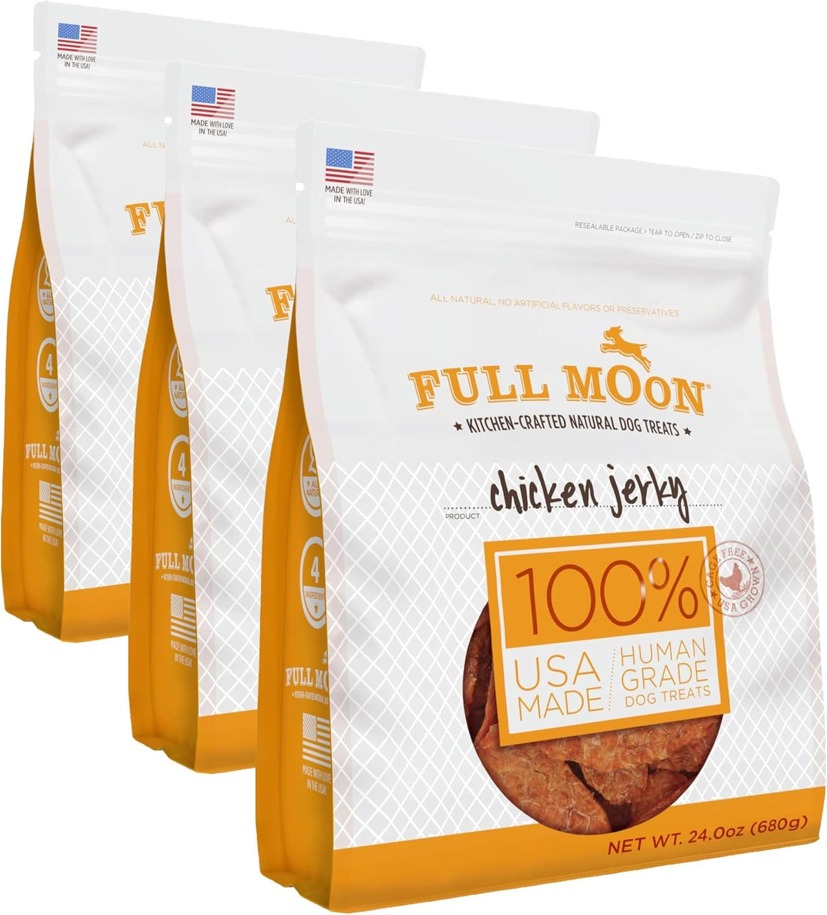Full Moon Chicken Jerky Healthy All Natural Dog Treats Human Grade Made in USA Grain Free, 1.5 Pound (Pack of 3)