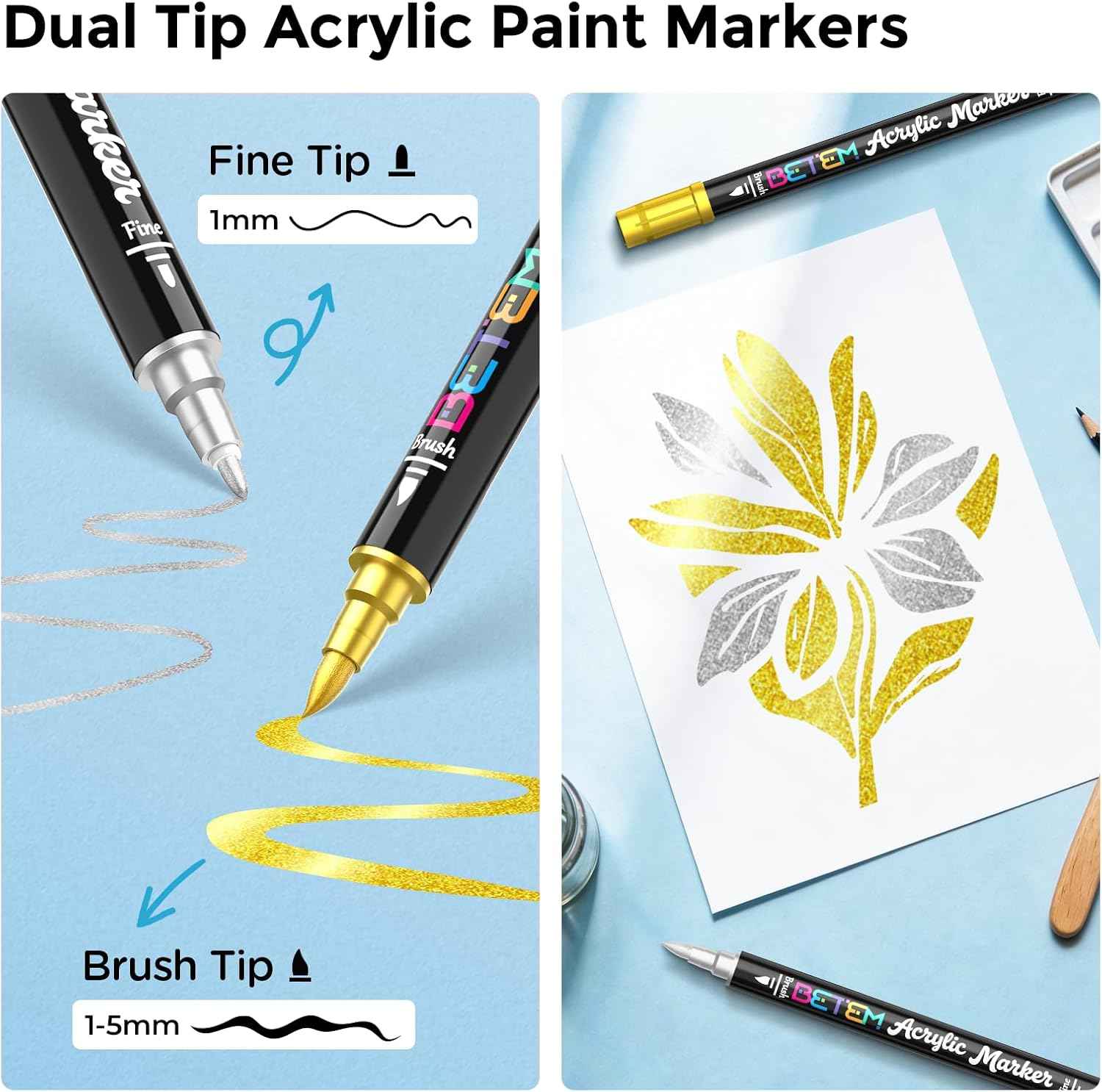 Betem 2 Gold & Silver Paint Markers for Glass, Dual Tip Acrylic Paint Pens