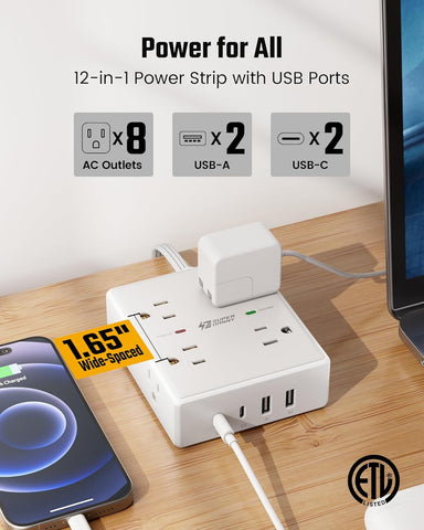 SUPERDANNY Extension Cord,Flat Plug Surge Protector Power Strip,10Ft