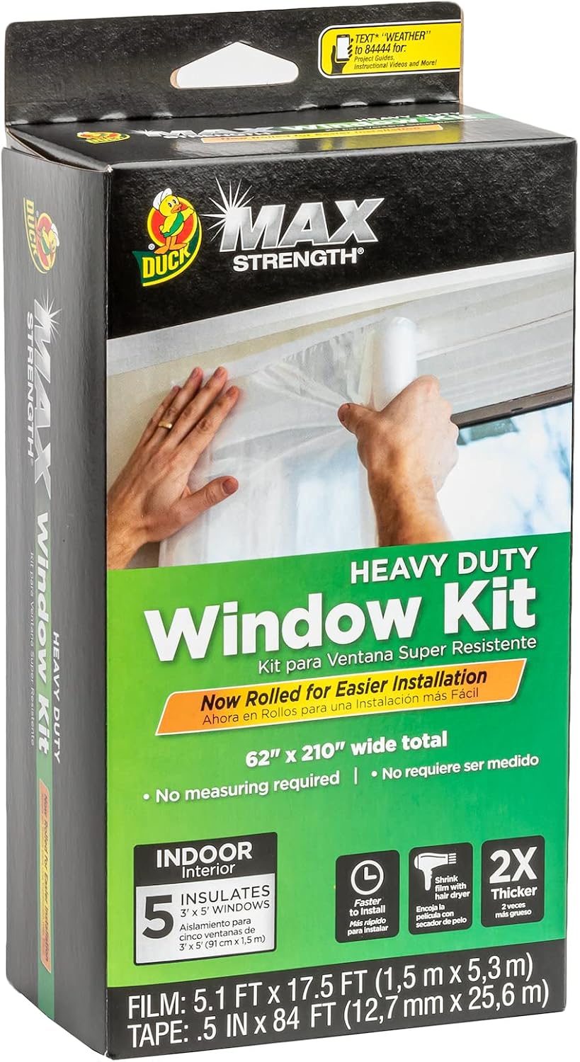 Duck MAX Strength Window Insulation Kit, Winter Window Seal Kit Fits up to 5 Windows, Heavy Duty Shrink Film Cuts to Size for Easy Indoor Installation, Window Tape Included,62 In. x 210 In., Clear