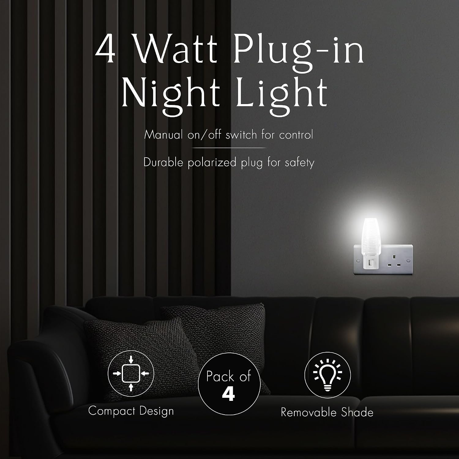 Projectpak Plug in Night Light with Manual On/Off Switch for Hallway, Bedroom, Stairways – Includes 4W Incandescent Bulb | 4 Pack