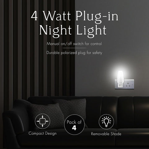 Projectpak Plug in Night Light with Manual On/Off Switch for Hallway, Bedroom, Stairways – Includes 4W Incandescent Bulb | 4 Pack