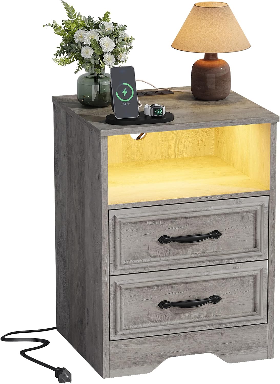 HolliWill Farmhouse Grey Night Stand with Charging Station & LED Light, End Table with 2 Drawers & Open Shelf, Bed Side Table with 2 AC Outlets, USB/USB-C for Bedroom, Living Room