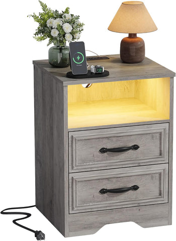 HolliWill Farmhouse Grey Night Stand with Charging Station & LED Light, End Table with 2 Drawers & Open Shelf, Bed Side Table with 2 AC Outlets, USB/USB-C for Bedroom, Living Room