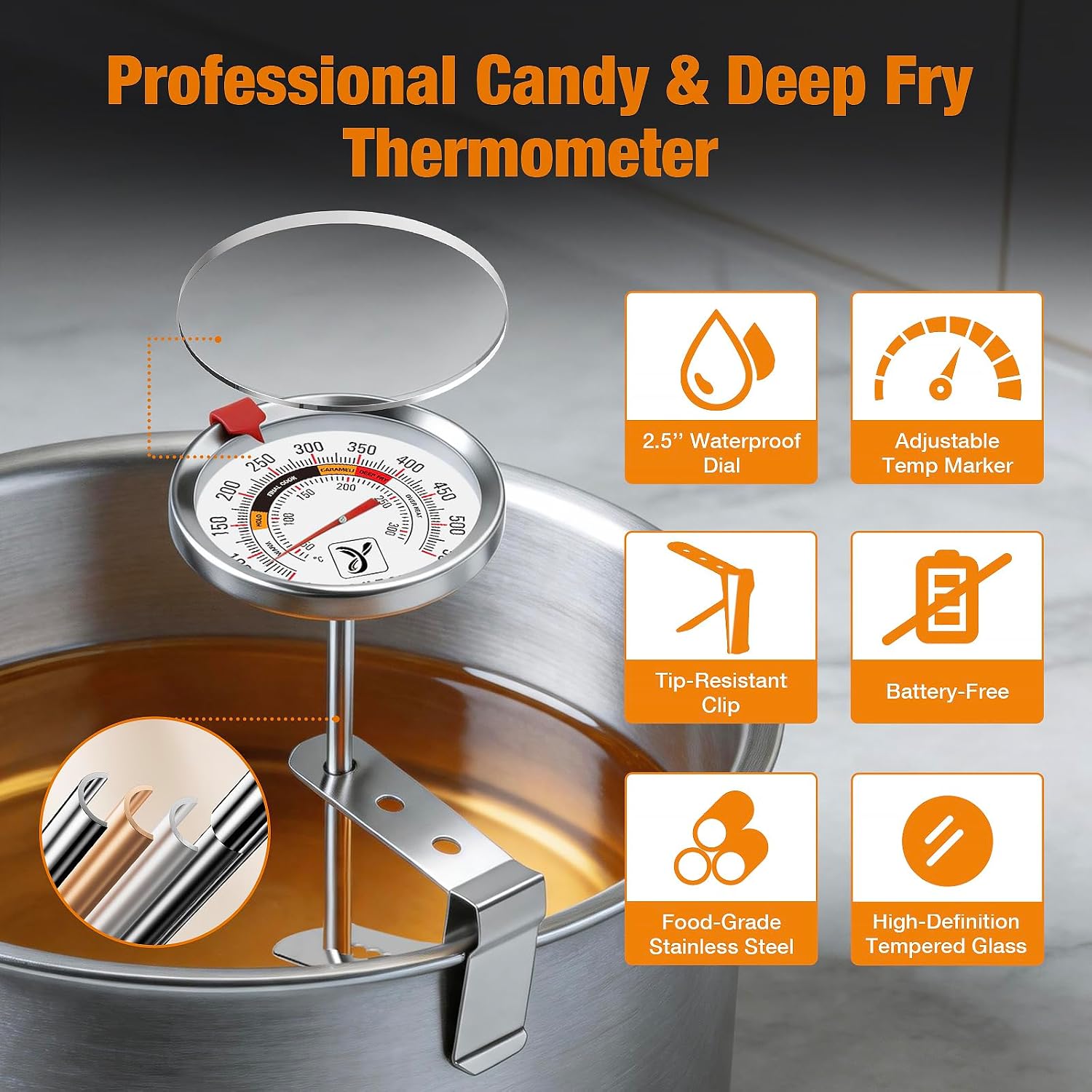 2-Pack Candy Thermometer with Pot Clip - Oil Thermometer for Frying