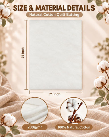 PLANTIONAL 71" x 79" Natural Cotton Batting for Quilting, 200g/m²