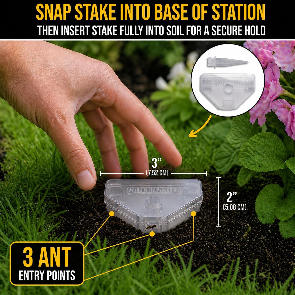 Catchmaster DEFIANT Reusable Outdoor Garden Stake Ant Traps (5 Pack), Bait NOT Included – Bait Stations That Hold Liquid Ant Killer - For Garden, Soil & Mulch – Discreet Bait Stations for Pest Control