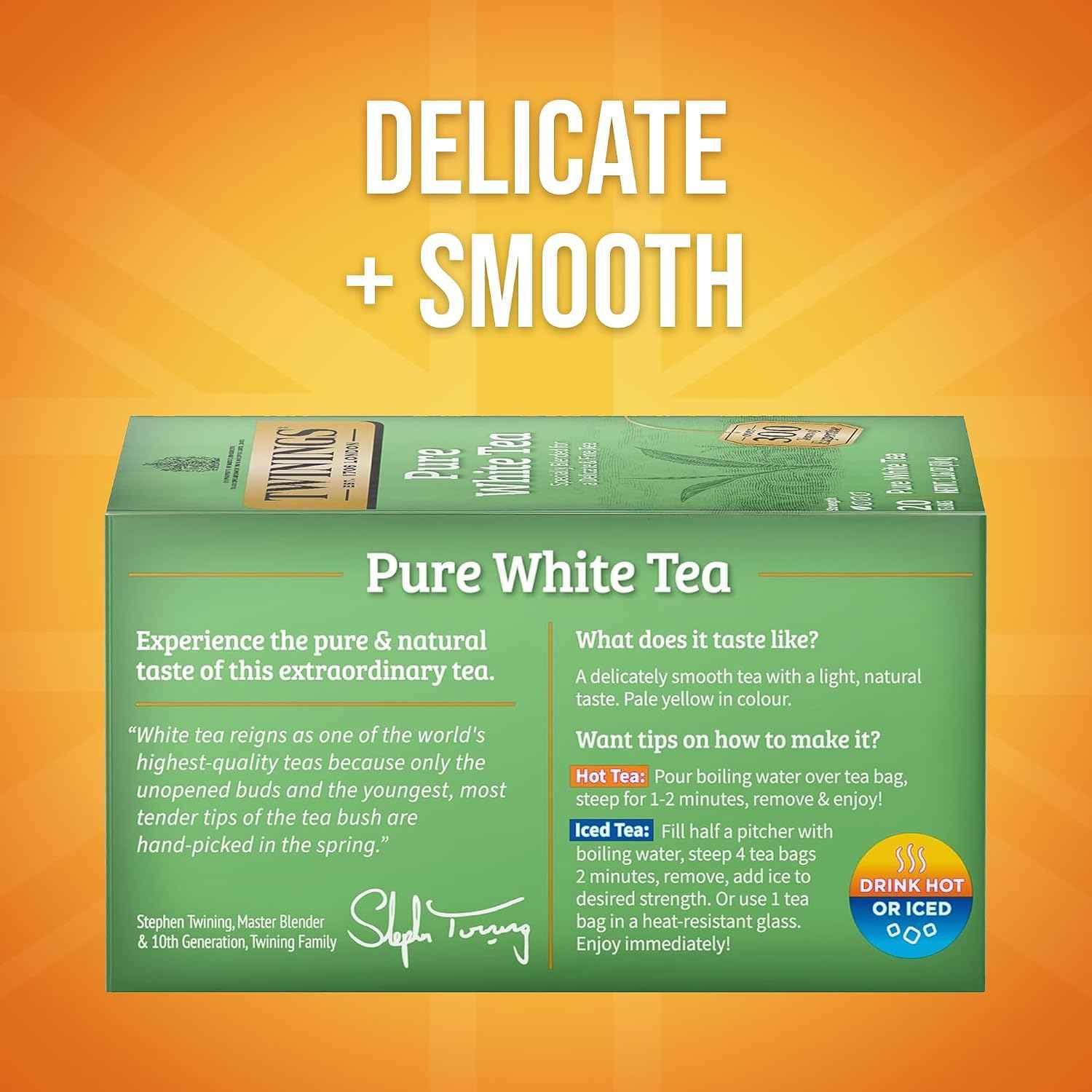 Twinings Pure White Tea Bags, Unopened Tender Tea Buds, 20 CT Box (6 Pack) | Delicate, Hand- Picked, Fine & Smooth, A Light, Natural Taste, 120 Foil Lined Individually Wrapped Bags, Enjoy Hot or Iced
