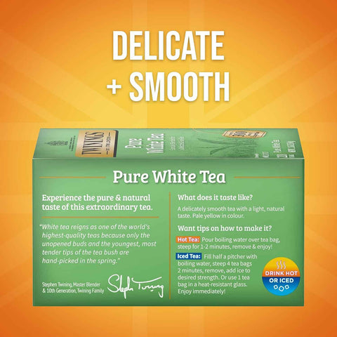 Twinings Pure White Tea Bags, Unopened Tender Tea Buds, 20 CT Box (6 Pack) | Delicate, Hand- Picked, Fine & Smooth, A Light, Natural Taste, 120 Foil Lined Individually Wrapped Bags, Enjoy Hot or Iced