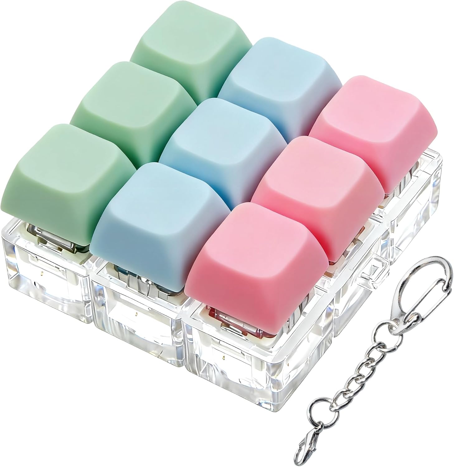 Keyboard Fidget Toy, Keyboard Fidget Keychain 9-in-1 Keyboard Decompression Button Finger Clicker Toys Stress Relief Fidget Gifts (3 Colors- Pink Blue Green)