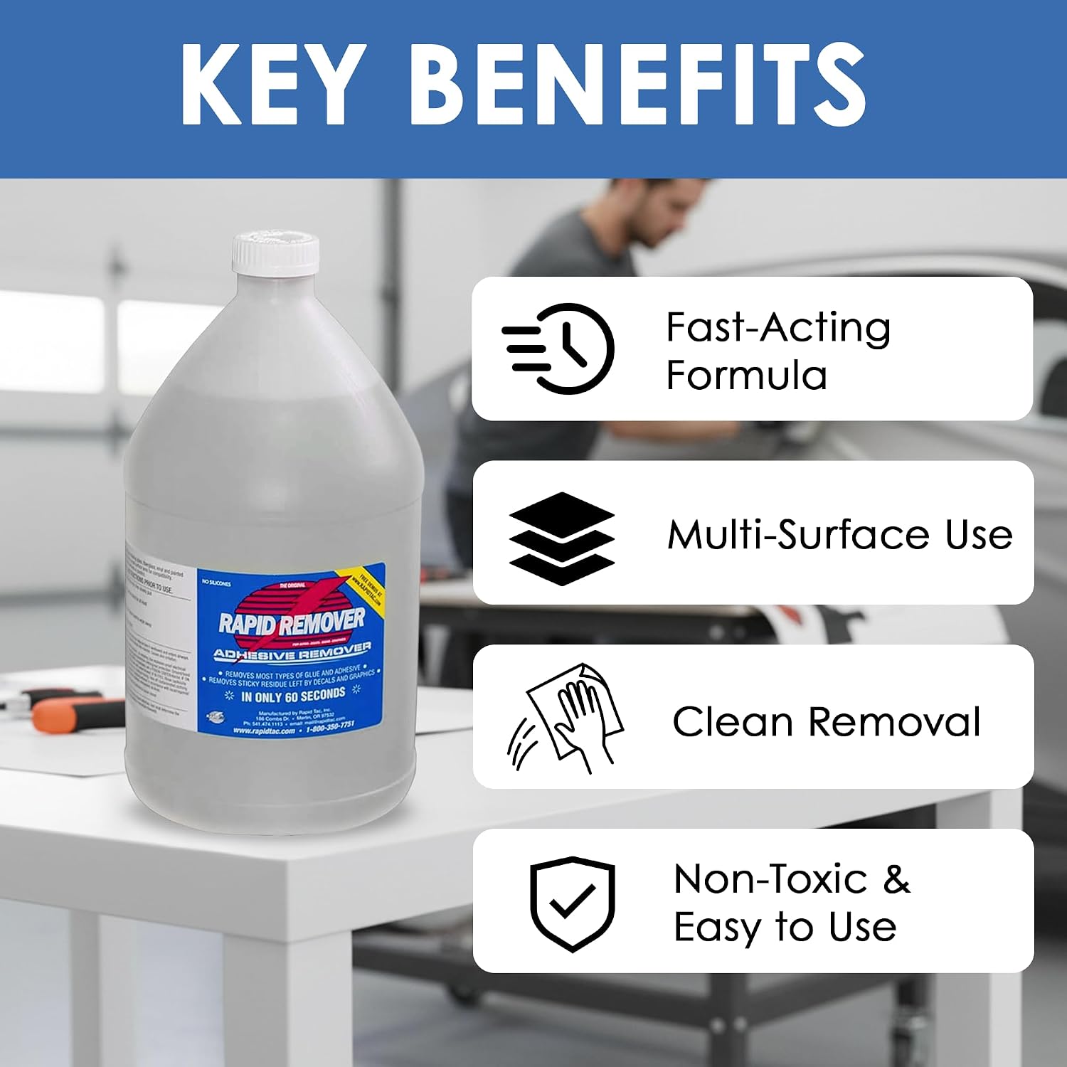 Rapid Remover Adhesive Remover 128 oz (1 Gallon) | Removes Most Adhesives in 30–60 Seconds | Safe Water-Soluble Formula | Cold Weather Ready | for Vinyl Wraps, Graphics, Decals, and Stripes
