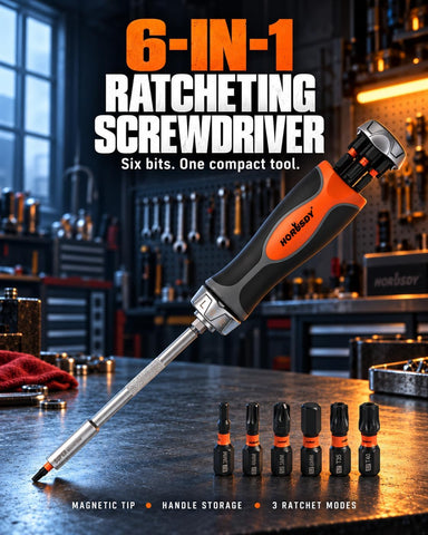 HORUSDY 6-in-1 Ratcheting Screwdriver Set, Magnetic Multi-Bit Screwdriver with Built-in Premium S2 Bits & 126mm Extension Bar, Dad Mens Gifts for Christmas, All-in-One Tool for Home Repair, DIY