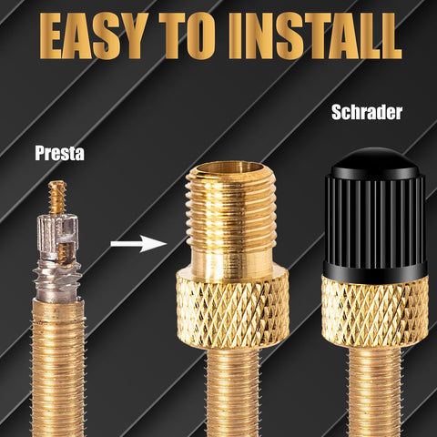 2PCS Brass Presta Valve Adapter, Convert Presta to Schrader Adaptor, Inflate Tire Using Standard Pump or Air Compressor for Bikes, 2 Pack Black Tire Valve Caps(Reticulated Grain Style)