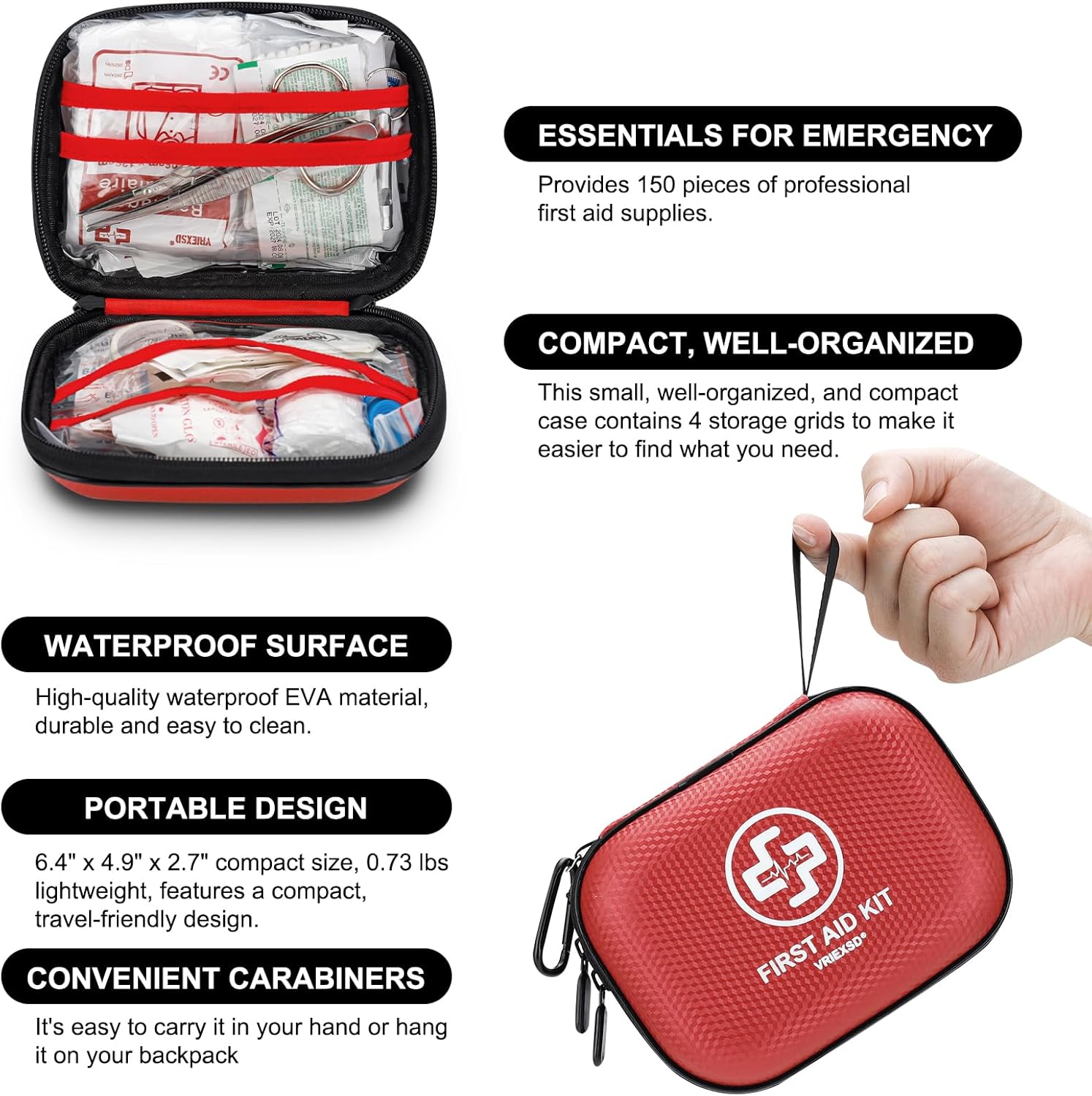 Mini First Aid Kit - 150 Piece Small Waterproof Hard Shell Medical Kit