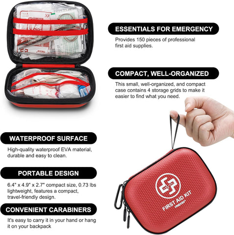 Mini First Aid Kit - 150 Piece Small Waterproof Hard Shell Medical Kit