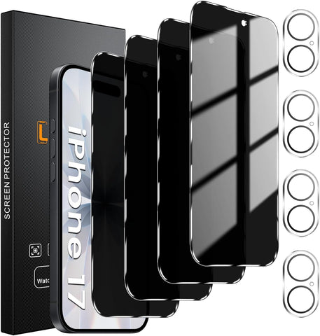Lesakit 4 Pack Privacy Screen Protector for iPhone 17 6.3-Inch with 4 Pack Camera Lens Protector, Anti Spy Tempered Glass Film 9H Hardness Bubble Free Case Friendly