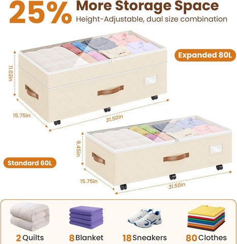 Budding Joy 80L 2 Pack Adjustable Under Bed Storage with Wheels, Beige