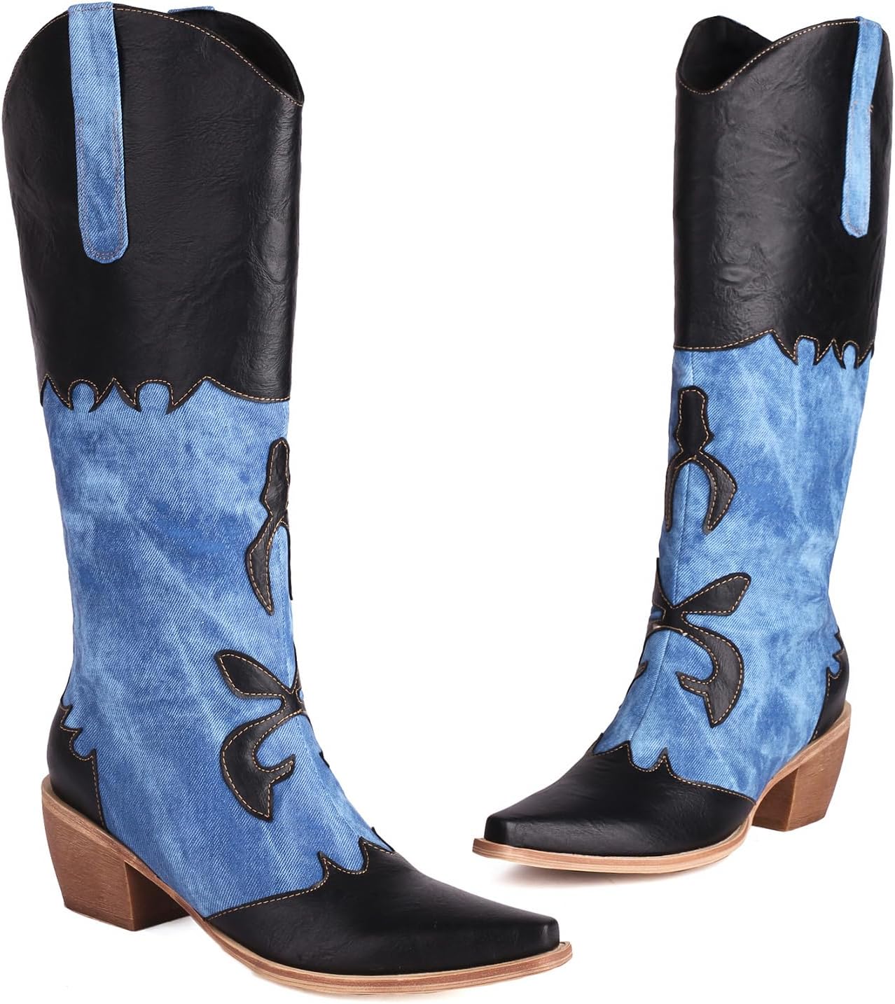 Cozivwaiy Women Denim Cowboy Boots Patchwork Knee High Boots Jean Blue Cowgirl Boot Western Mid Calf Jeans Shoes Pointed Toe Chunky Heel Pull On