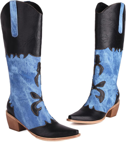 Cozivwaiy Women Denim Cowboy Boots Patchwork Knee High Boots Jean Blue Cowgirl Boot Western Mid Calf Jeans Shoes Pointed Toe Chunky Heel Pull On