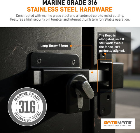 GateMate Long Throw Gate Lock, Euro Profile (Key/Thumbturn Lock, Up to 2" Thick)