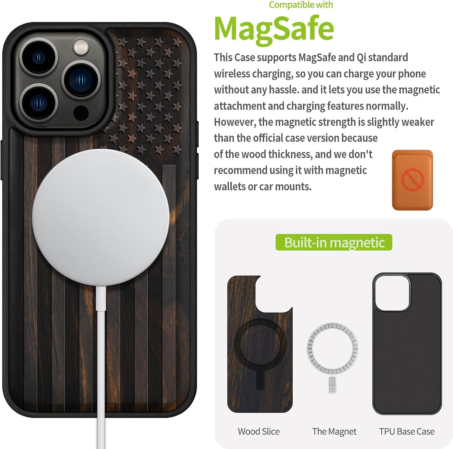 Carveit Wood Case for iPhone 15 Pro Max, The Classic American Flag, Black