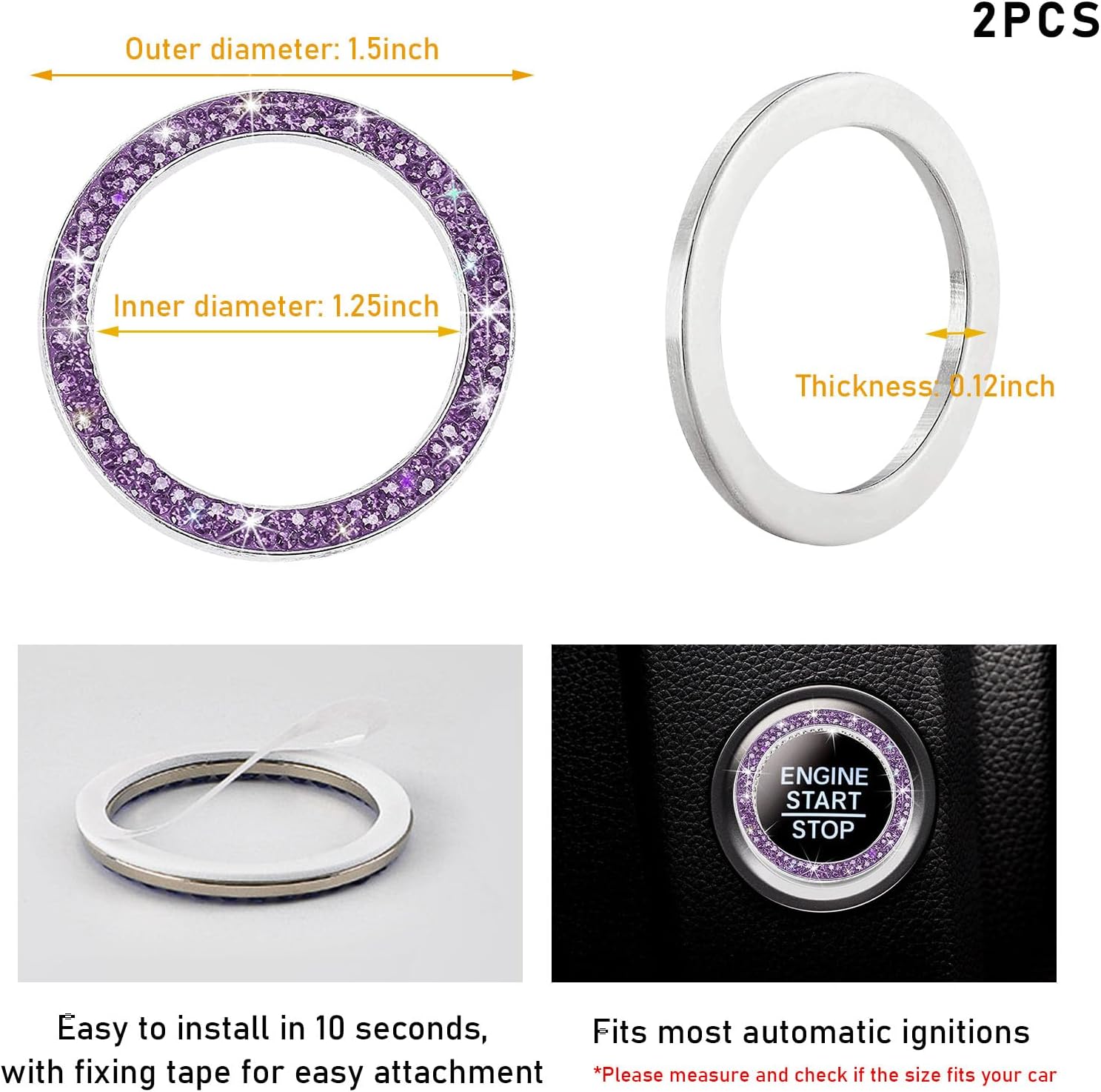 Kewucn 2 PCS Bling Crystal Double Rhinestone Car Engine Start Decoration Ring, Sparkling Push Start Button Sticker, Key Ignition & Knob Ring Decoration, Bling Car Interior Accessory(Purple)