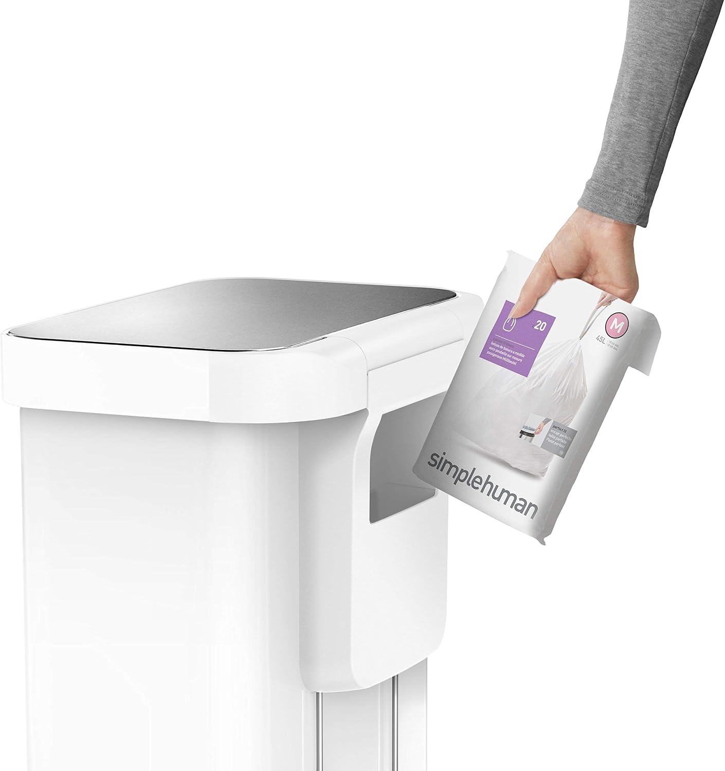 simplehuman Kitchen Trash Can with Lid, Touchless Waste Bin, Large 45 Liter, Rectangular, White Stainless Steel