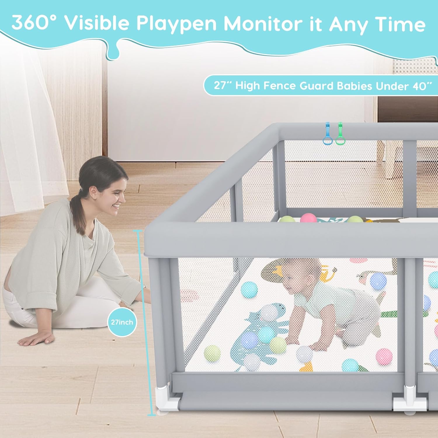 Fshibila 50" ×50" Baby Playpen with Mat, Baby Playard for Babies and Toddlers, Play Pens for Indoor & Outdoor, Sturdy Safety Play Yard with Soft Breathable Mesh, Anti-Fall, Ball x 18, Handle x 2, Grey