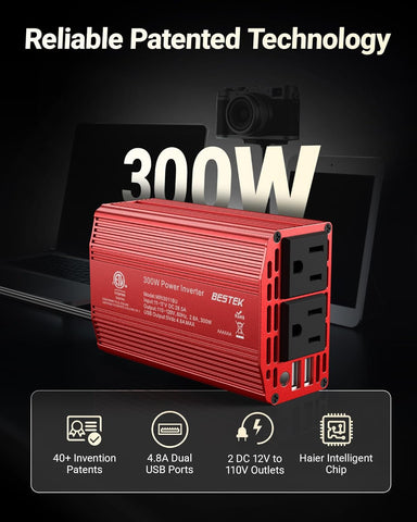 BESTEK Power Inverter DC 12-17V to AC 110V - 300W Car Plug Adapter Outlet