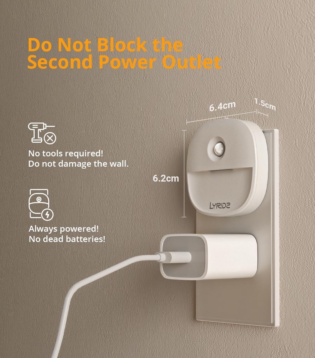 Lyridz Plug in Night Light with Motion Sensor and Dusk to Dawn Sensor, Dimmable Warm Nightlight with 1-50lm Adjustable Brightness Indoor for Bedroom, Bathroom, Stairs, Hallway, 2 Pack