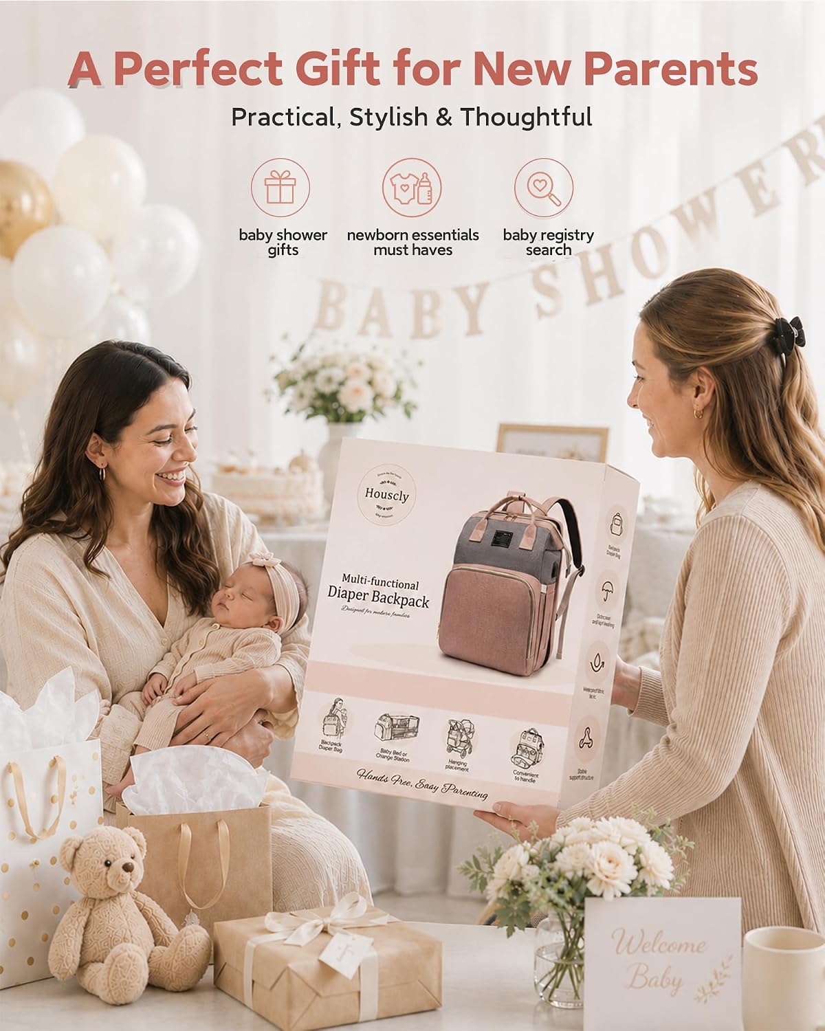 houscly Diaper Bag Backpack with Changing Station, 25L Large Capacity