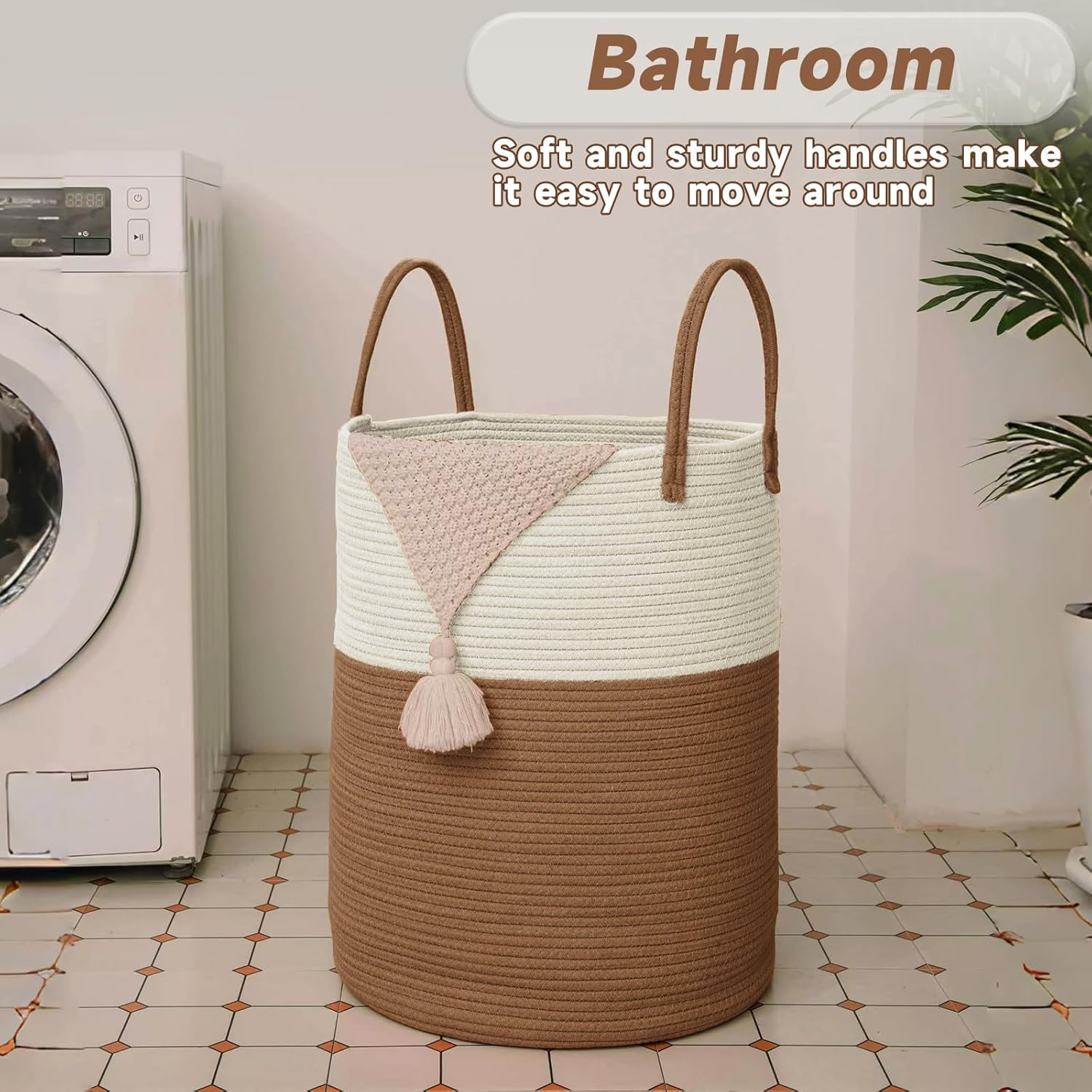 JMvicyroam 100L Cotton Rope Laundry Basket Hamper, White and Brown