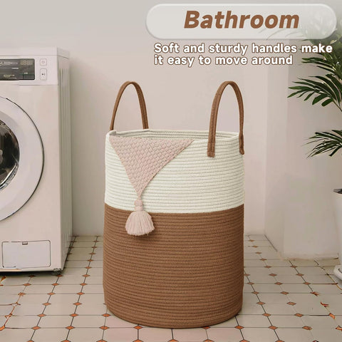 JMvicyroam 100L Cotton Rope Laundry Basket Hamper, White and Brown