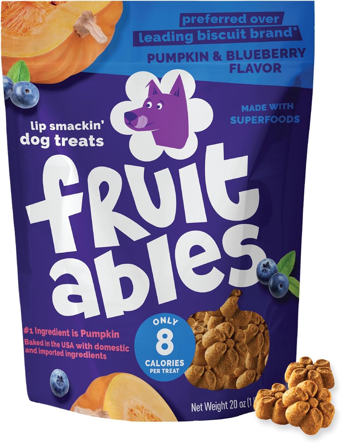 Fruitables Baked Dog Treats, Low Calorie Treats, Pumpkin & Blueberry, 20oz