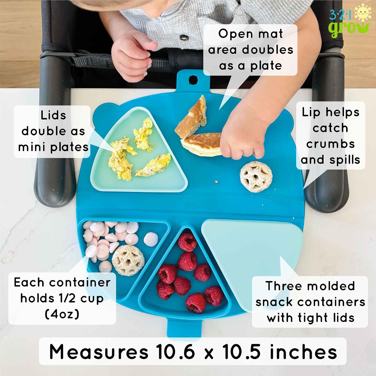 Silicone On-The-Go Snack Mat – Foldable Reusable Placemat with 3 Compartments and Lids – Travel-Friendly Baby and Toddler Snack Plate – Dishwasher Safe (Watermelon)