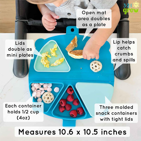 Silicone On-The-Go Snack Mat – Foldable Reusable Placemat with 3 Compartments and Lids – Travel-Friendly Baby and Toddler Snack Plate – Dishwasher Safe (Watermelon)