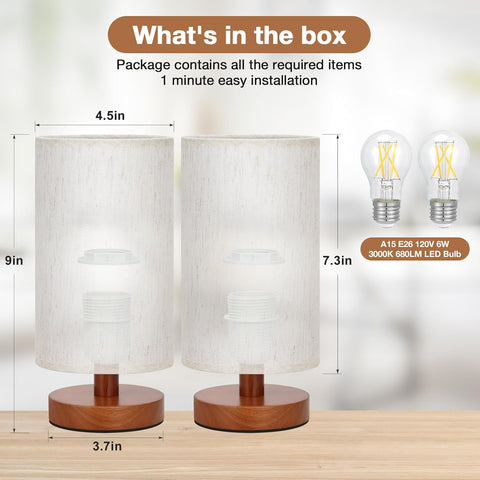 Desk Small Lamps Set of 2 (Cream Shade - Walnut Base, 9" Inline Control)