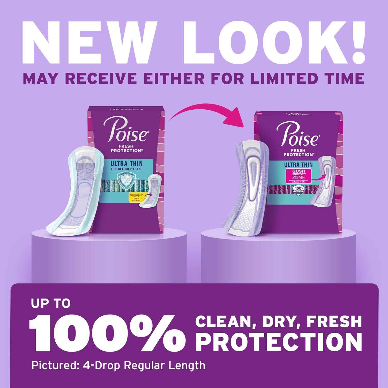 Poise Ultra Thin Incontinence Pads & Postpartum Pads for Bladder Leaks, 4 Drop Moderate Absorbency, Long Length, 144 Count, Packaging May Vary
