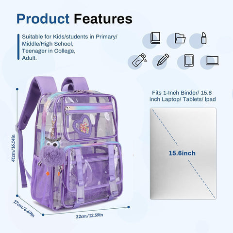 Clear Backpack for School Girls, Heavy Duty & Waterproof See-Through Bookbag with Pencil Case, Transparent Backpack for Work, Travel, Gym, College, Purple