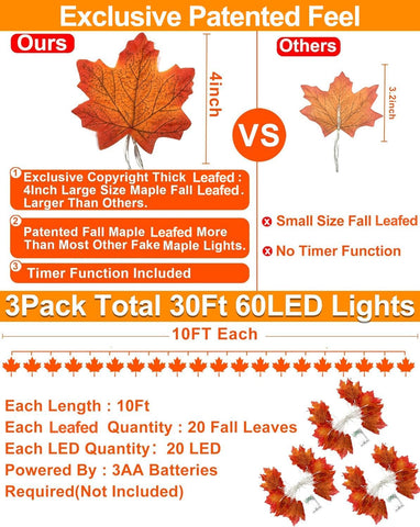 Timer&3 Pack Halloween Fall Decor 30Ft Fall Garland with Lights 60LED