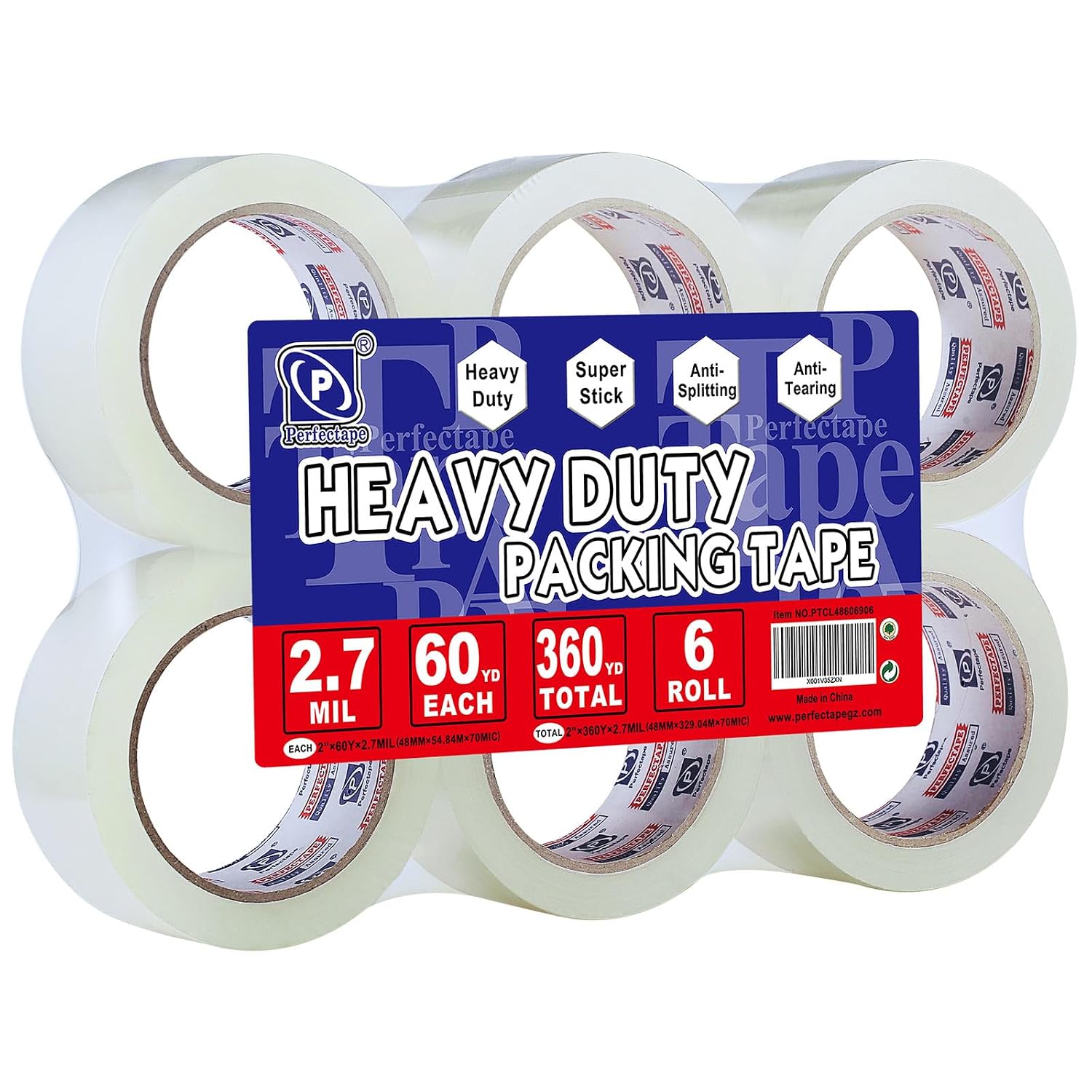 P PERFECTAPE Heavy Duty Packing Tape 6 Rolls, Clear, 2.7 mil, 1.88" x 60Y