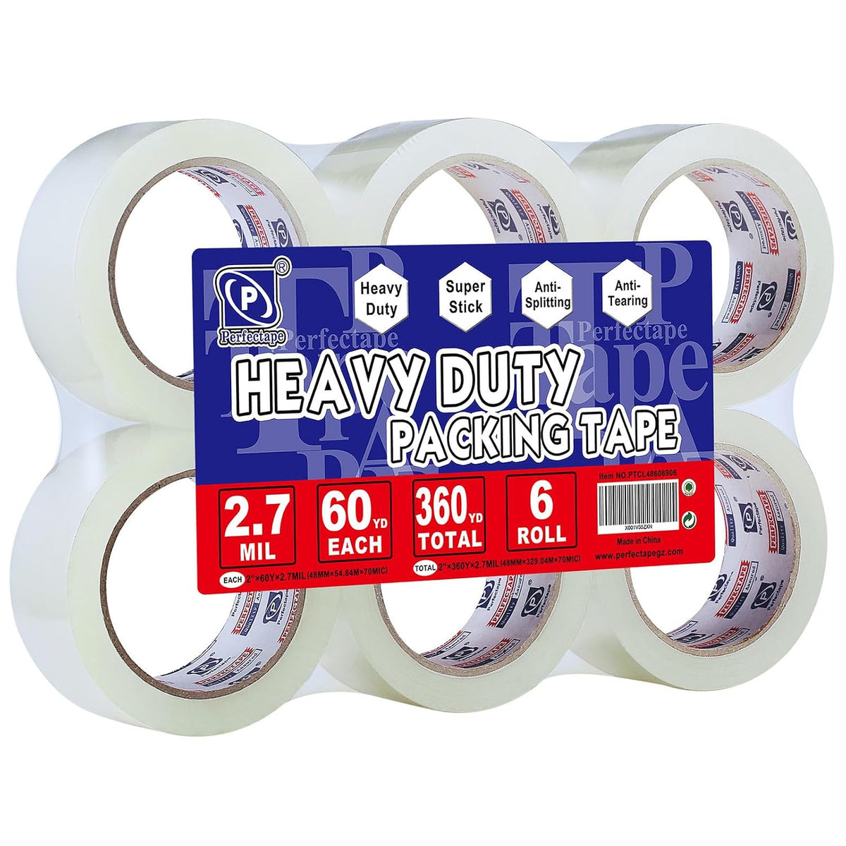 P PERFECTAPE Heavy Duty Packing Tape 6 Rolls, Clear, 2.7 mil, 1.88" x 60Y