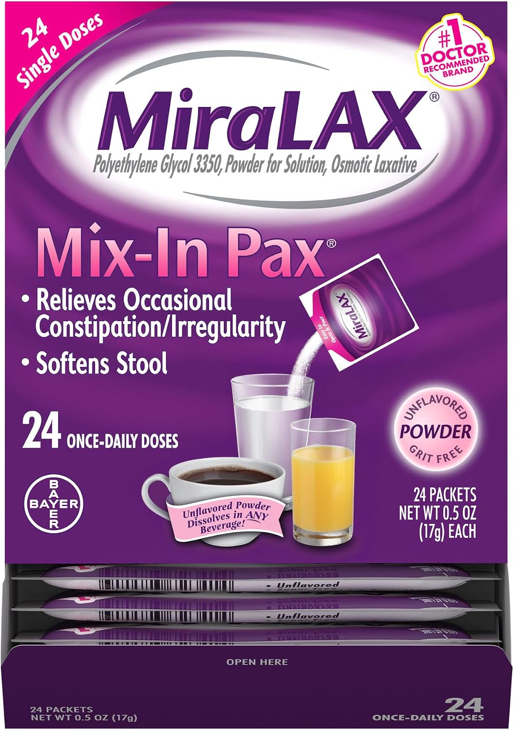 MiraLAX Gentle Constipation Relief Laxative Powder, Stool Softener with PEG 3350, No Harsh Side Effects, 1 Doctor & OBGYN Recommended, Single Dose Mix-in Pax, Travel Pack, 24 Dose