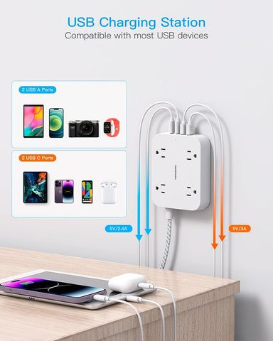 Flat Plug Extension Cord, 4 Widely Power Strip with 4 USB Ports(2 USB C)
