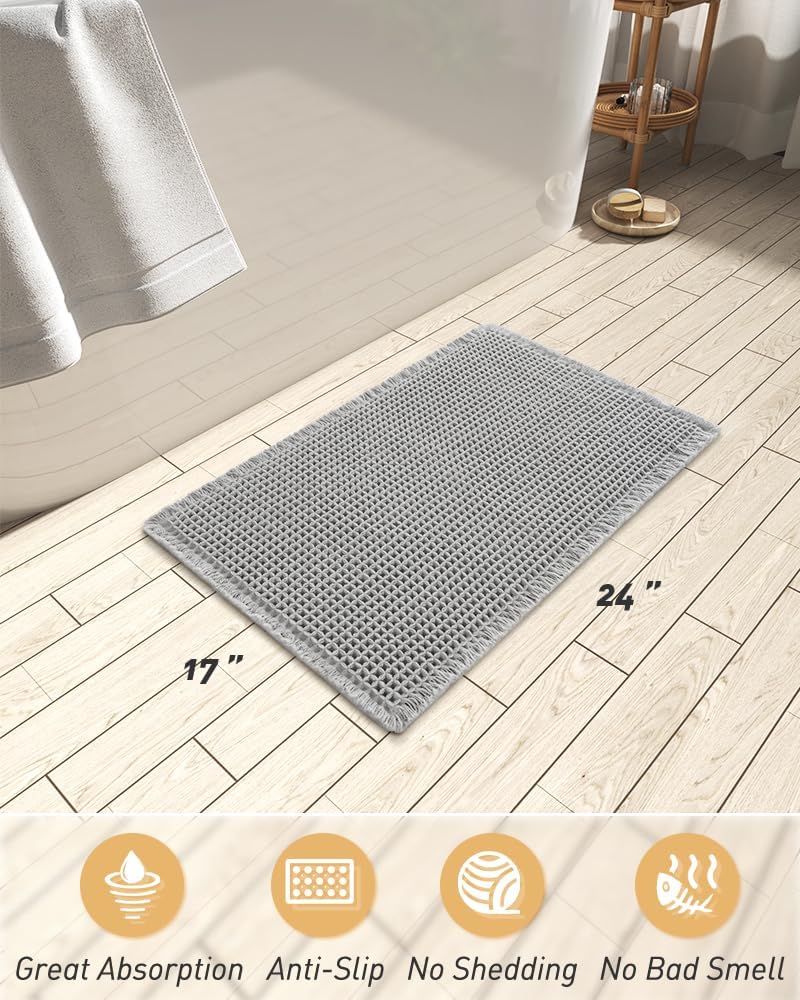 AMOAMI Upgraded Non Slip Absorbent Waffle Bath Mat 17" x 24", Light Grey