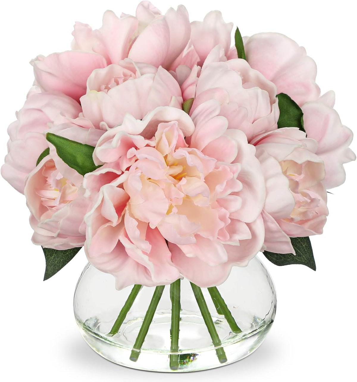 Hollyone Pink Peonies Artificial Flowers with Vase Faux Peonies Look Real Peony Fake Flowers Silk Flower Arrangements in Glass Vase with Faux Water for Bathroom Table Centerpiece Shelf Home Decor