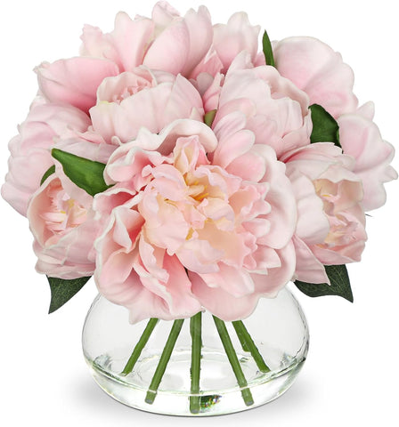 Hollyone Pink Peonies Artificial Flowers with Vase Faux Peonies Look Real Peony Fake Flowers Silk Flower Arrangements in Glass Vase with Faux Water for Bathroom Table Centerpiece Shelf Home Decor