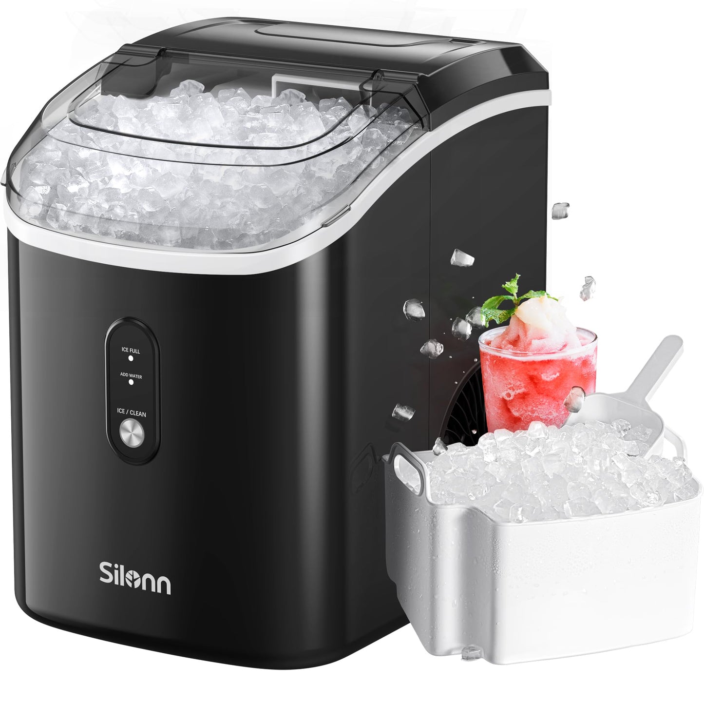 Nugget Countertop Ice Maker, Silonn Chewable Pellet Ice Machine with Self-Cleaning Function, 33lbs/24H for Home, Kitchen, Office, Black